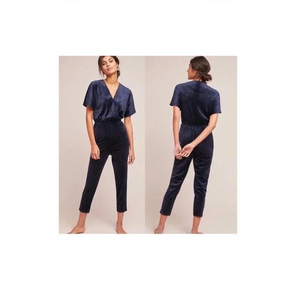 Saturday Sunday By Anthro Navy Blue Velour V Neck Ankle Rise Jumpsuit Size Small - Picture 3 of 10